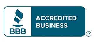 A blue and white logo that says accredited business