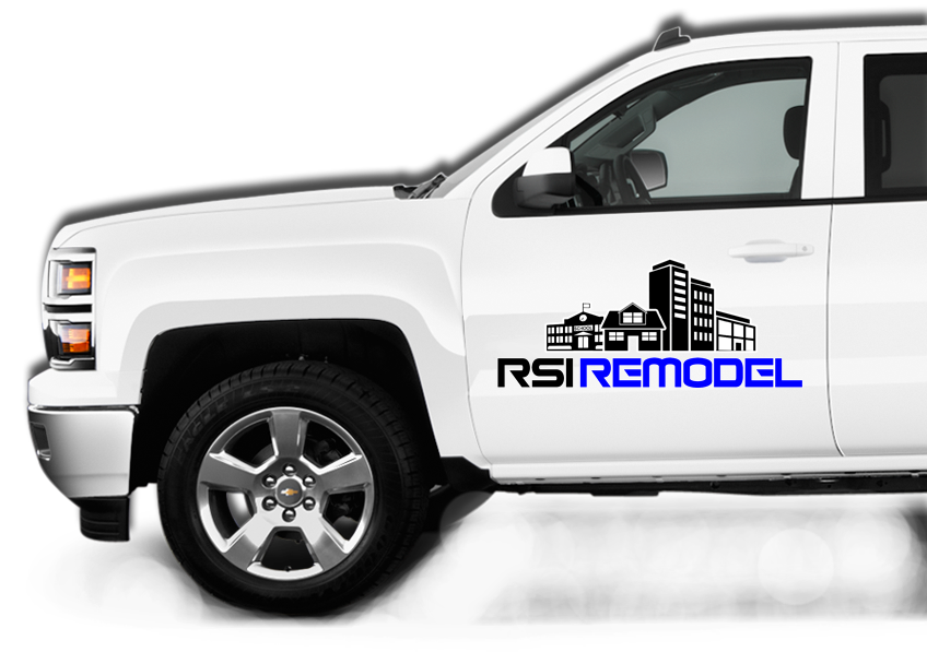 A white truck with the words rsi remodel on it.